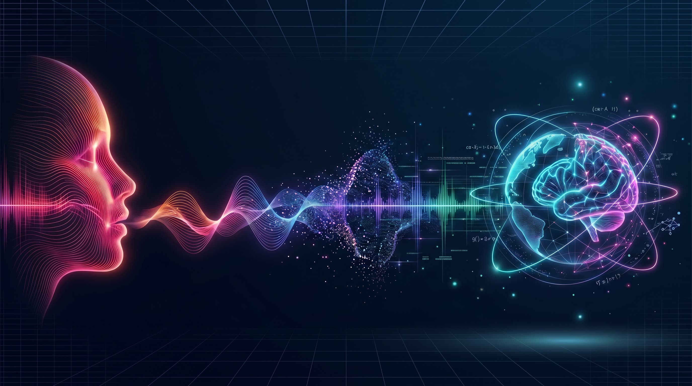 A wireframe human face speaking a stream of sound that transforms into a glowing digital brain orbiting the globe.